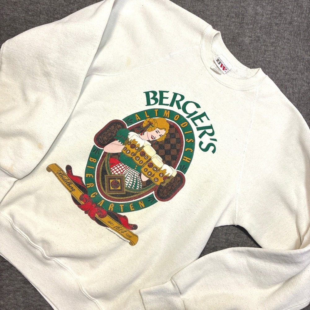 Berger's Biergarten Sweatshirt Mens Medium White Vintage Distressed USA Made